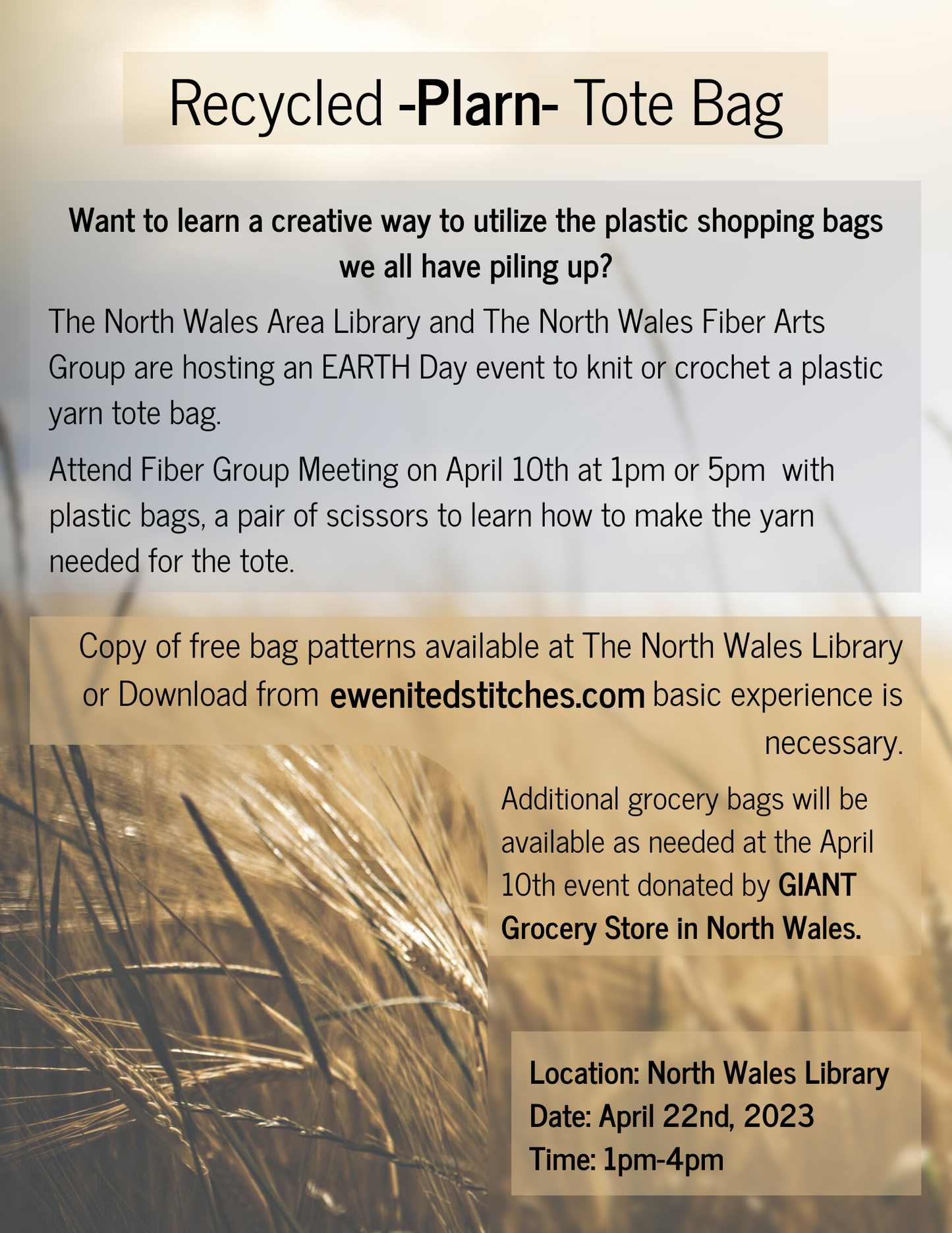 FREE Earth Day Event - Plarn Tote Bag